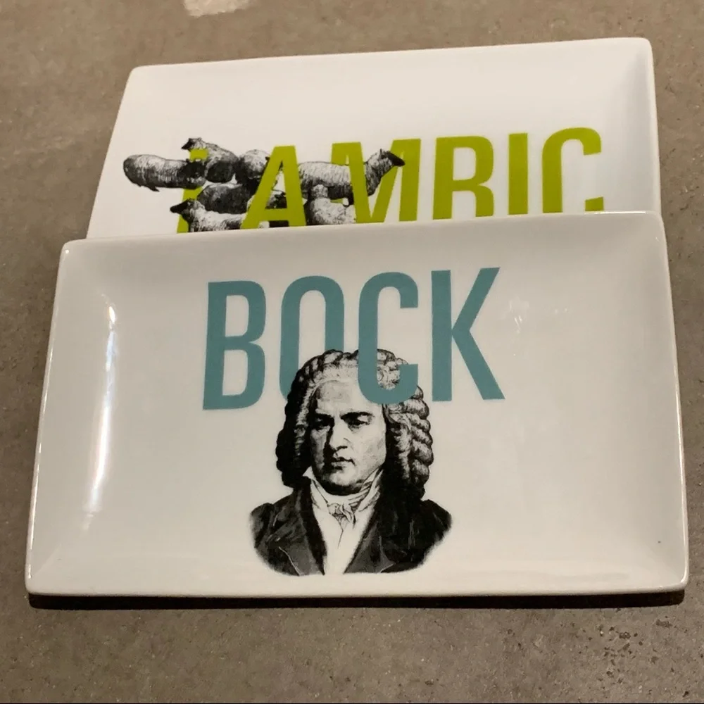 Crate&Barrel Set of 3 Beer Rectangle Plates Bock/Hefeweizen/ Lambic